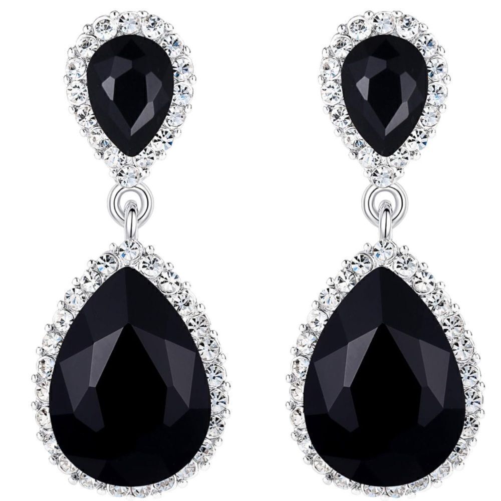 Silver with Black Onyx and Diamond Austrian Crystal Teardrop Post Back Earrings